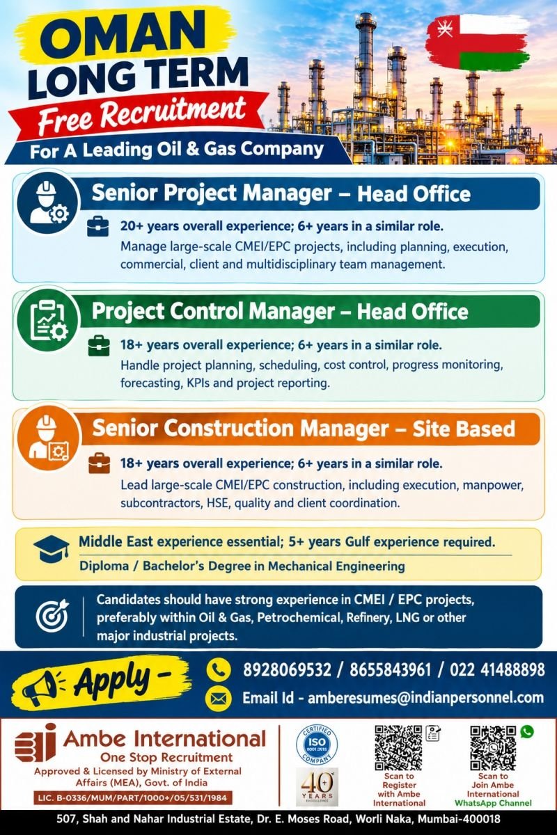 hiring experienced professionals for CMEI / EPC Projects in Oman