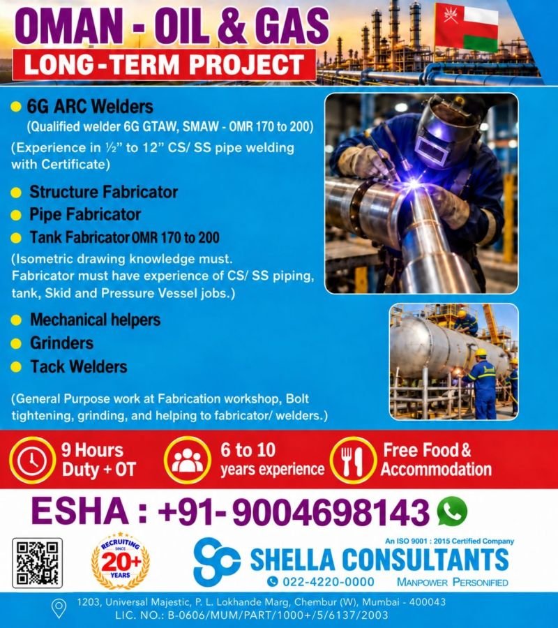 Hiring experienced professionals for a reputed Oil & Gas Project in Oman