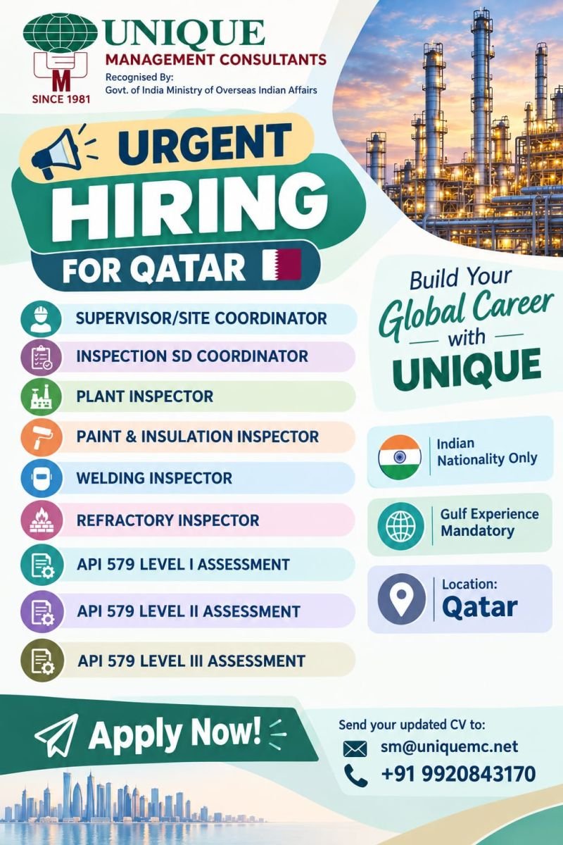 Qatar Jobs 2026: Urgent Hiring for Oil & Gas / Inspection sector