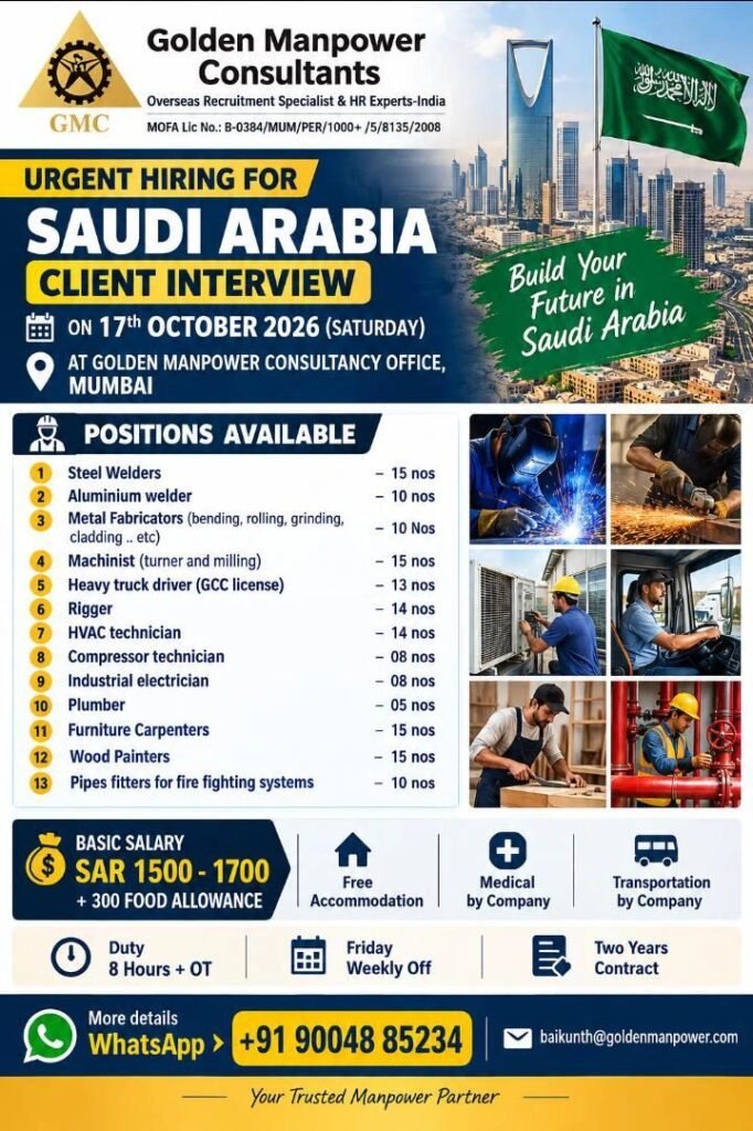 Urgent Recruitment For Saudi Arabia - Apply Now