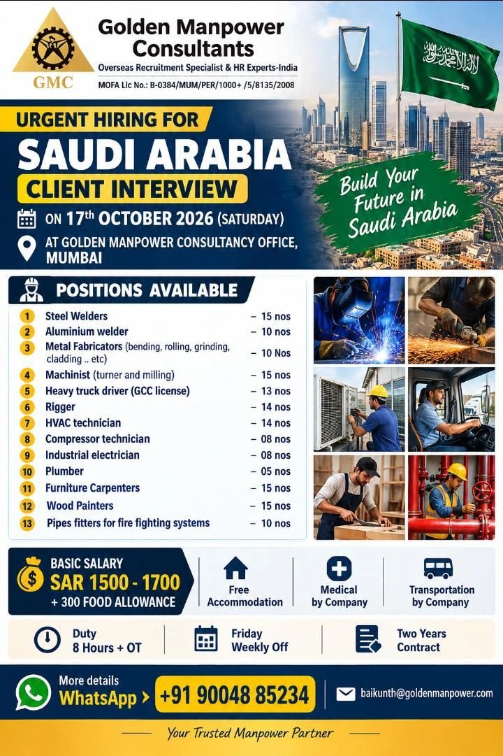 Urgent Recruitment For Saudi Arabia - Apply Now