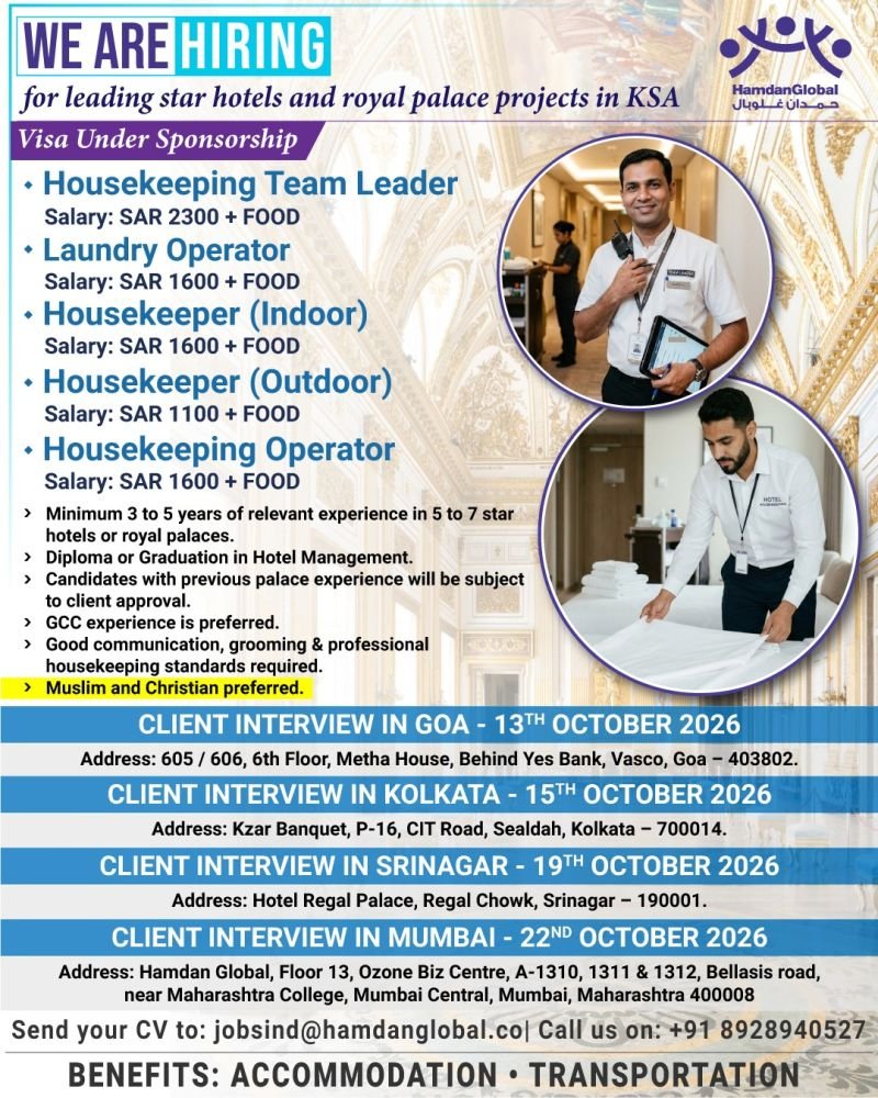 hiring for leading star hotels and royal palace projects in Saudi Arabia