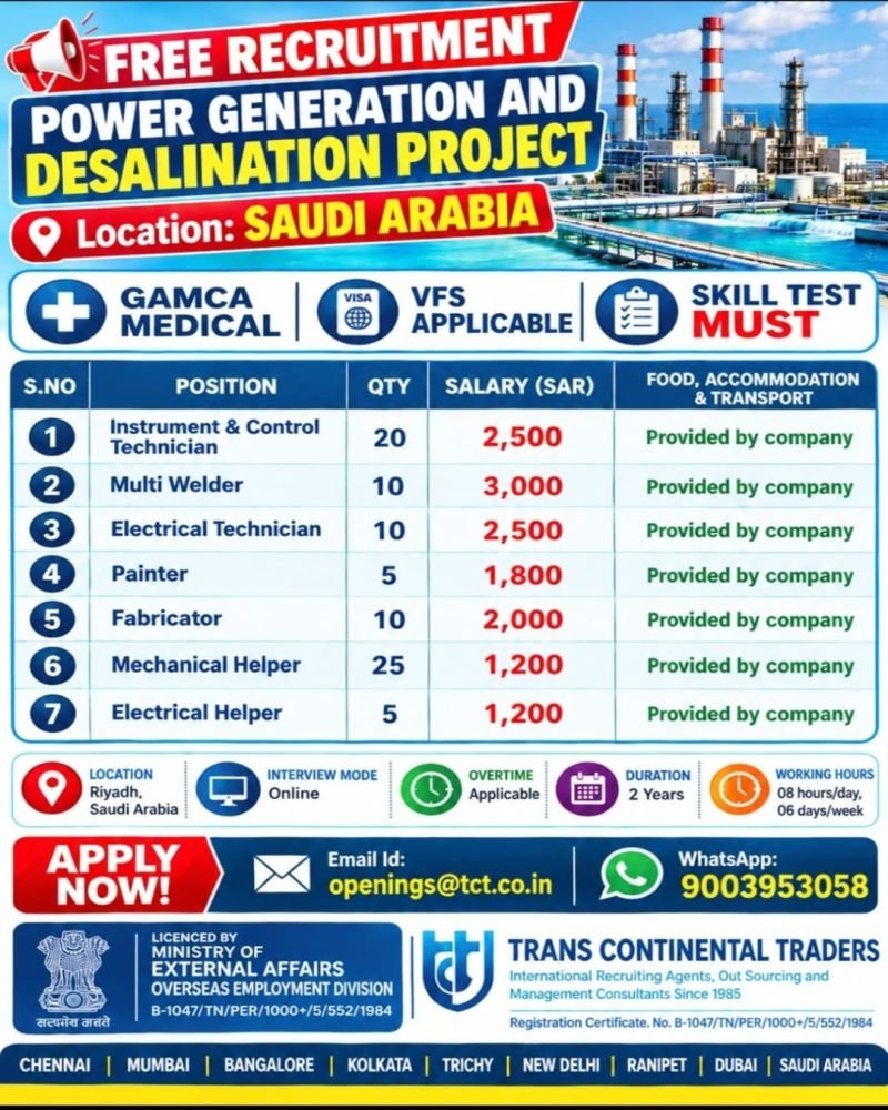 Saudi Arabia : Free Recruitment for Power Generation & Desalination Project