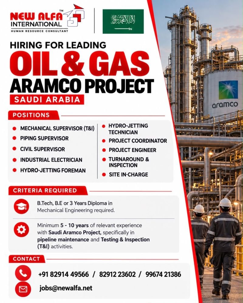 hiring for a leading Oil & Gas Aramco Project in Saudi Arabia