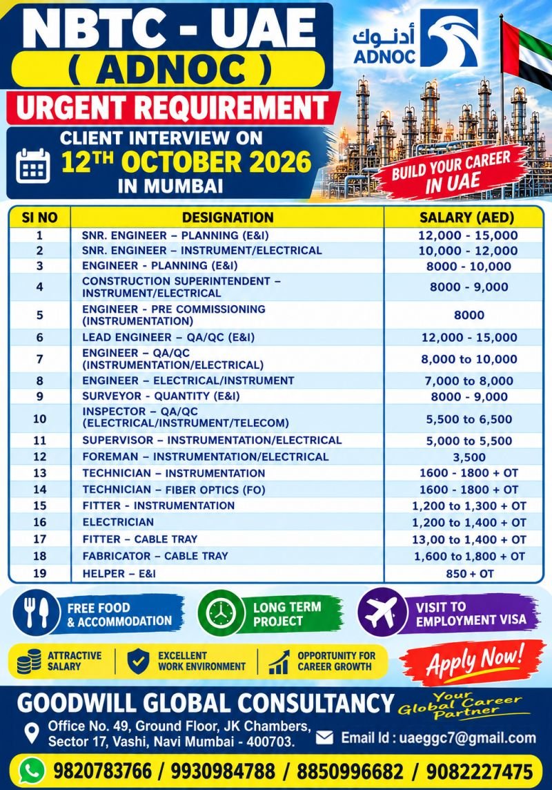 UAE Jobs 2026: Urgent Hiring for 19 Electrical and Instrumentation Positions