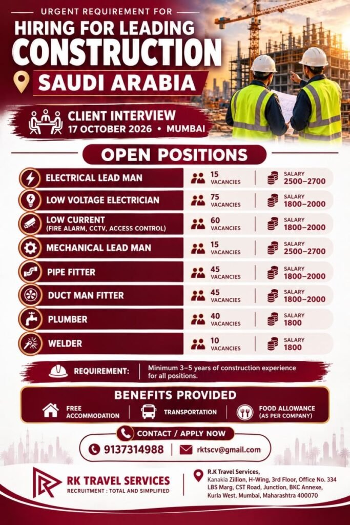 Hiring professionals for a leading construction project in Saudi Arabia Hiring professionals for a leading construction project in Saudi Arabia
