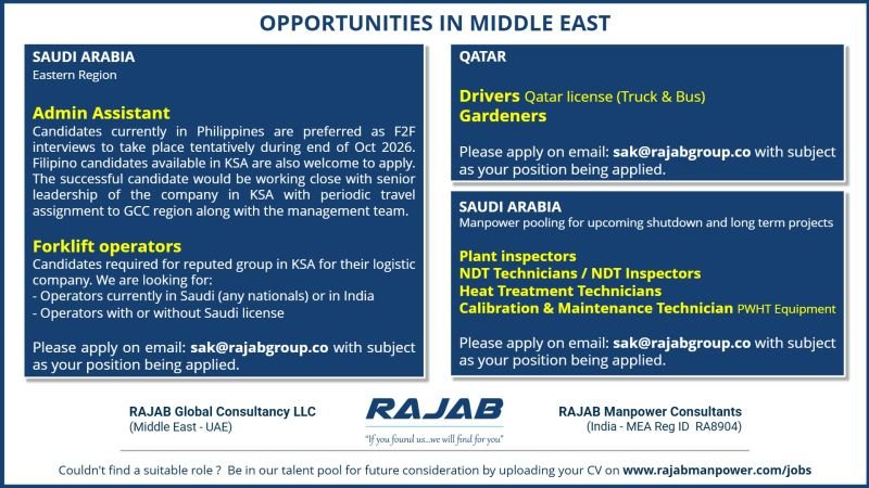 Jobs in Qatar & Saudi Arabia Reputed Company
