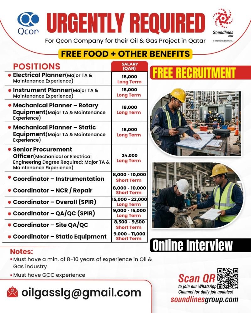 Qatar Jobs : Bulk Vacancies For Qcon Company for their Oil & Gas Project