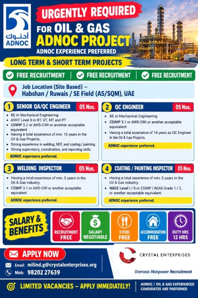 UAE Jobs 2026: Urgent Hiring for Senior QA/QC Engineers, QC Engineers and Inspectors