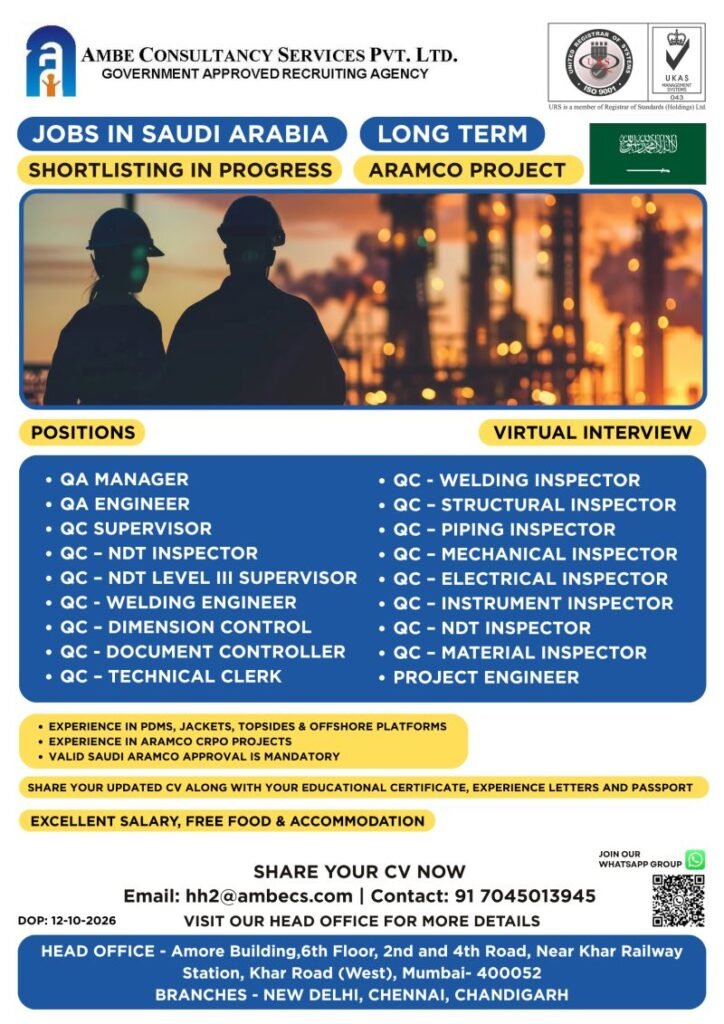 Saudi Aramco Project Jobs 2026: Urgent Hiring for Engineers, Inspectors and Supervisors