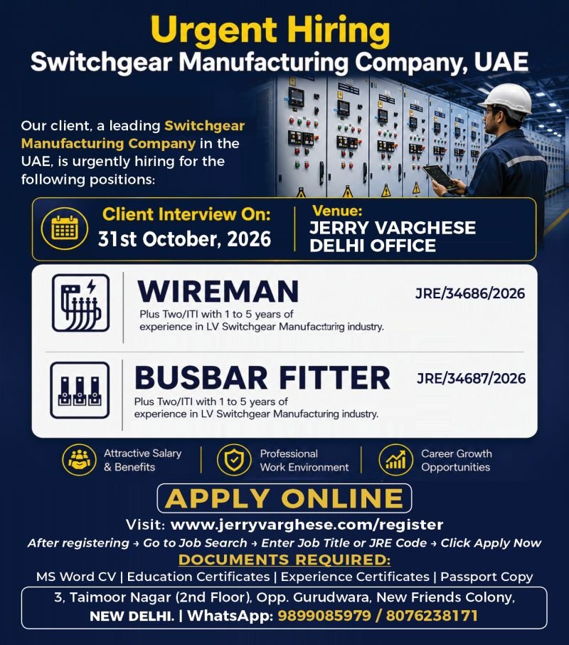 UAE : Urgent Hiring for Switchgear Manufacturing Company