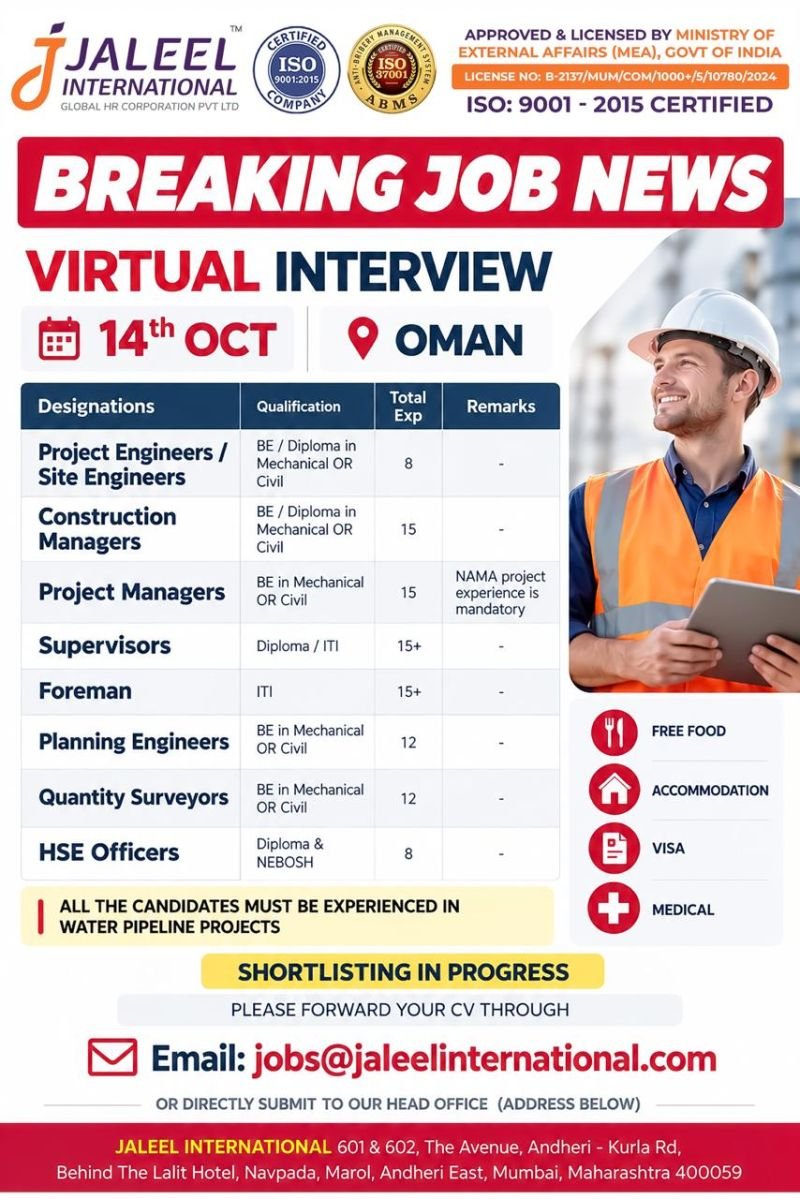 Oman Jobs 2026: Urgent Hiring for engineering and construction professionals