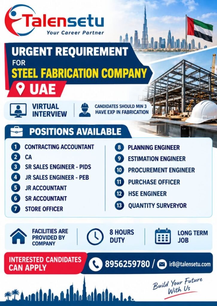 UAE Steel Fabrication Company Jobs 2026 – 13 Vacancies | Virtual Interview