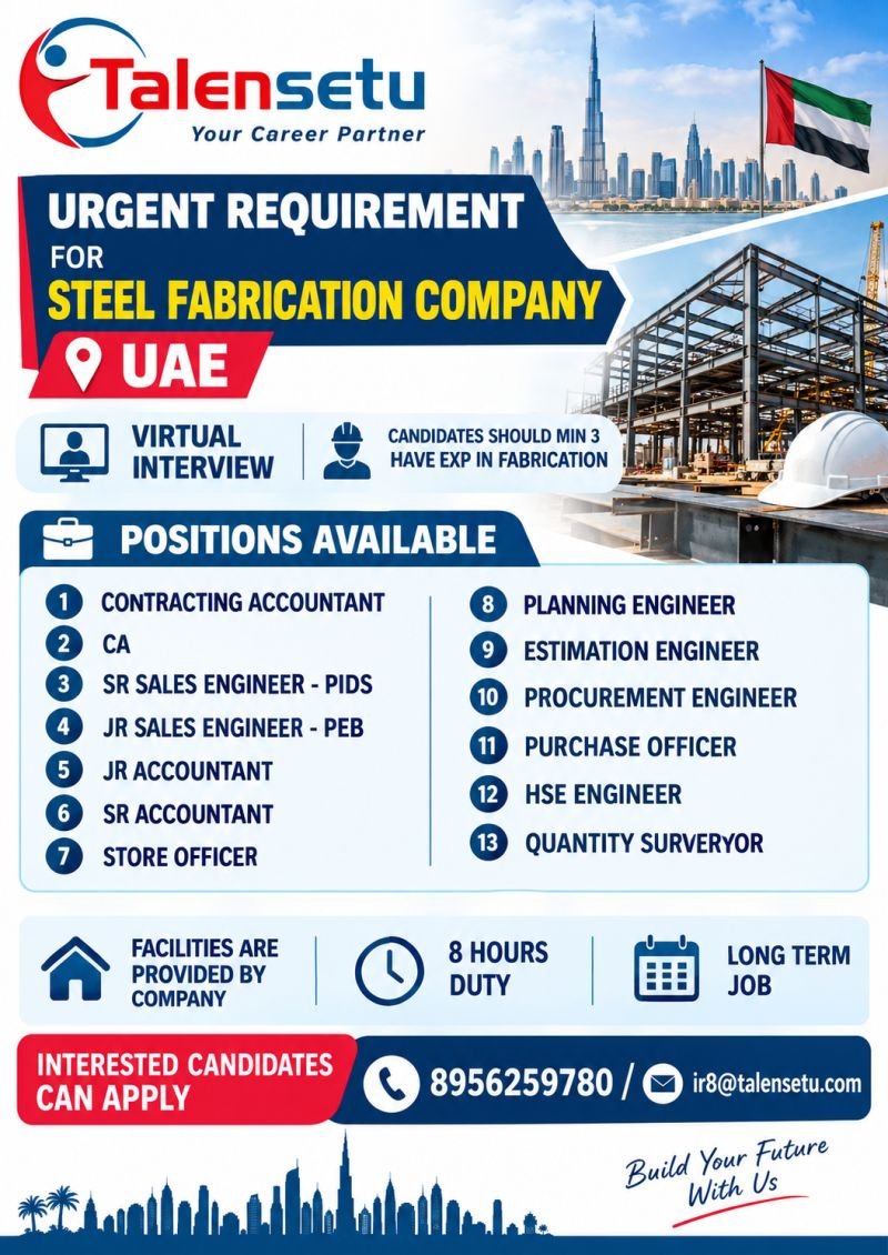UAE Steel Fabrication Company Jobs 2026 – 13 Vacancies | Virtual Interview