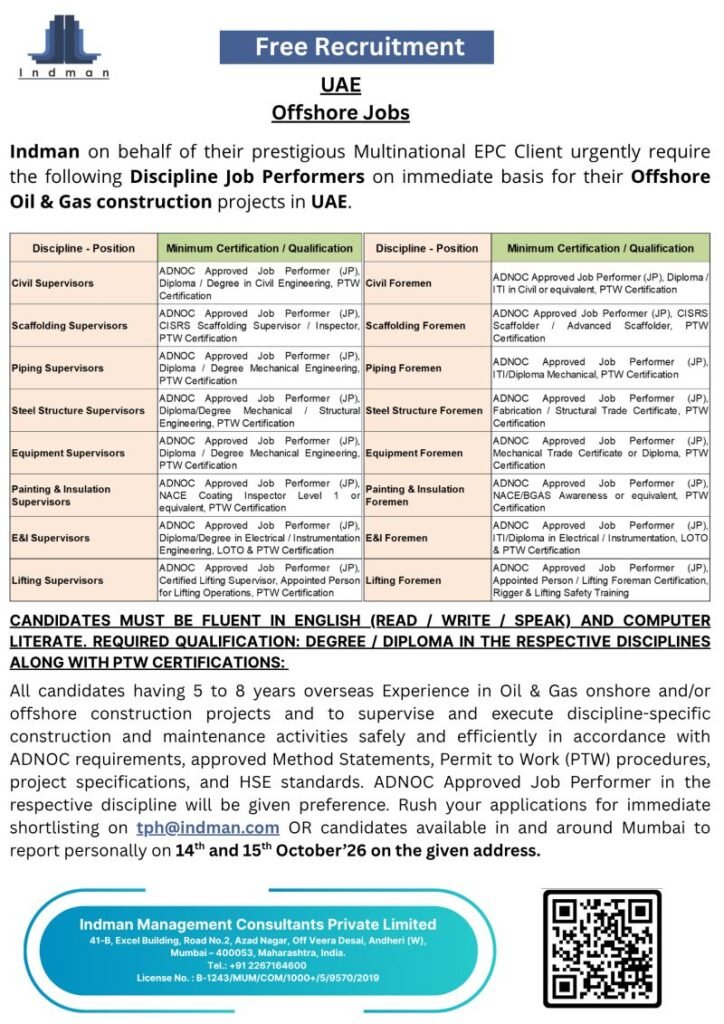 Free Recruitment for Offshore Jobs - UAE Free Recruitment for Offshore Jobs - UAE