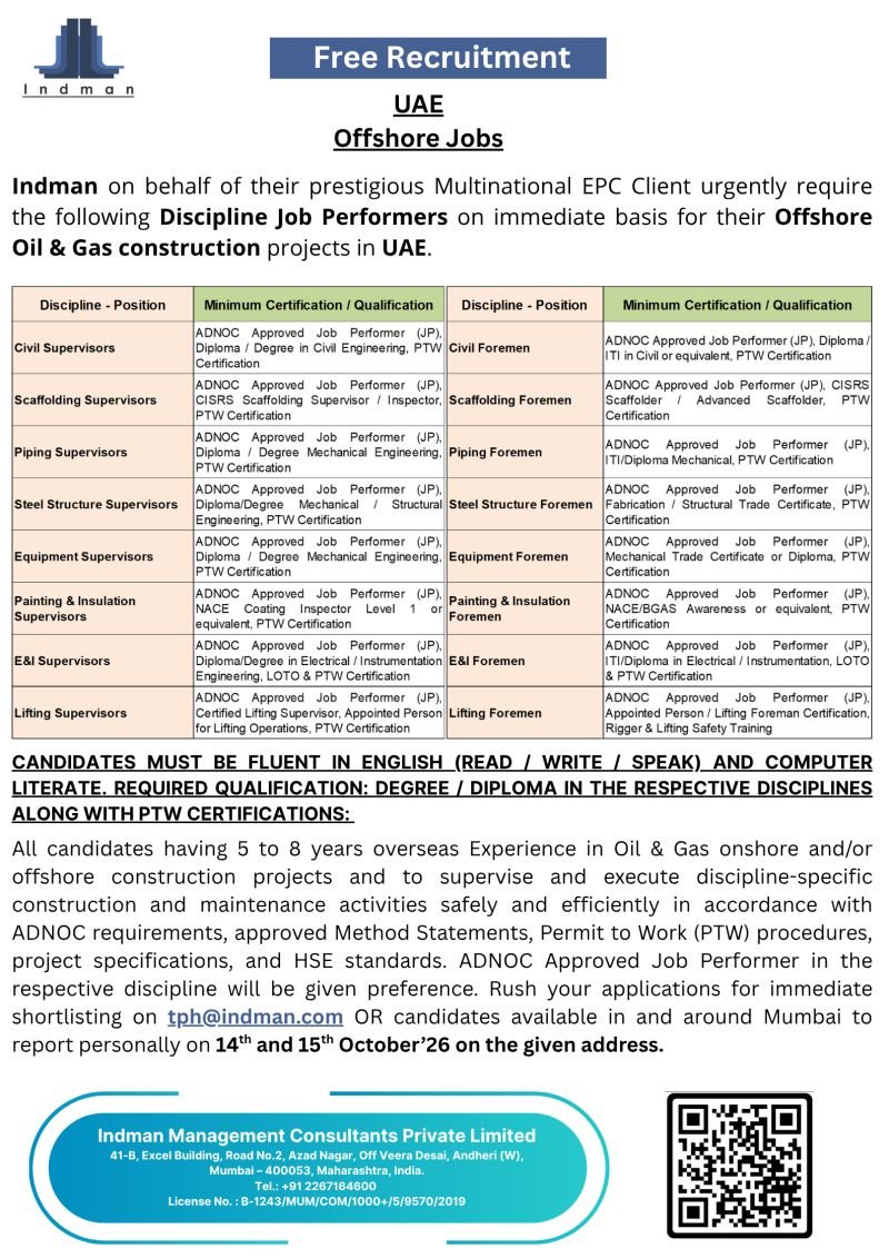Free Recruitment for Offshore Jobs - UAE