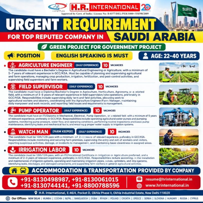 Jobs in Saudi Arabia : Hiring for a Green Government Project