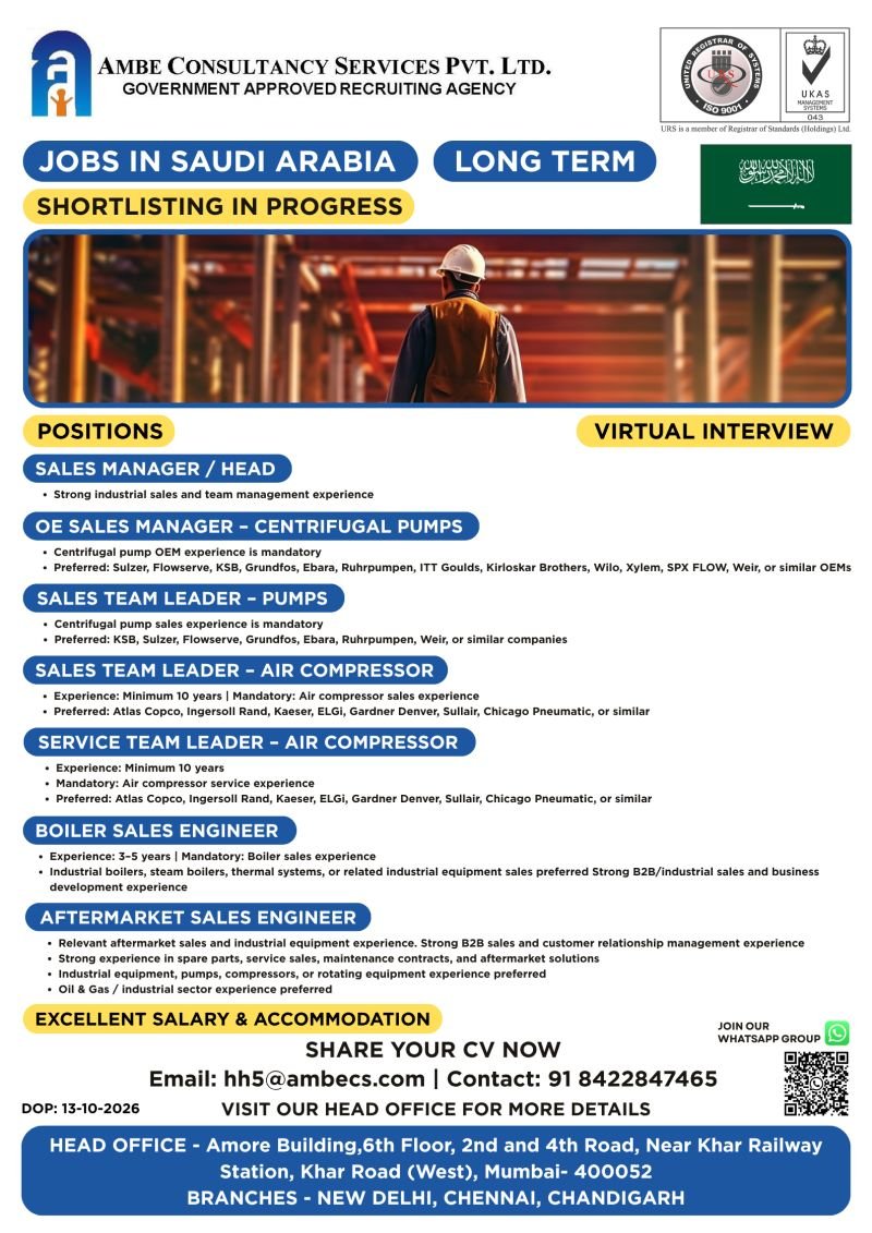 Saudi Arabia Jobs 2026: Sales Managers, Engineers and Service Team Leaders – Virtual Interview