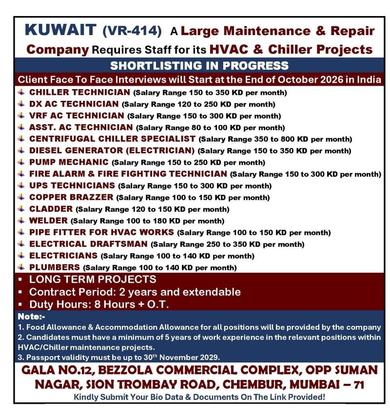 Kuwait : Hiring For HVAC & Chiller Projects