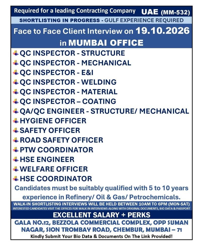 UAE Jobs 2026 – QC Inspectors, QA/QC Engineers and HSE Professionals