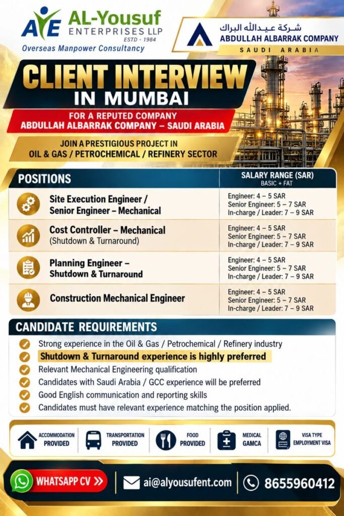 hiring Professionals for Abdullah Albarrak Company in Saudi Arabia