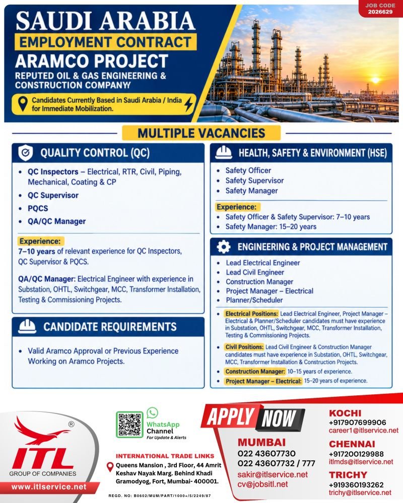 Hiring for a Saudi Arabia Aramco Project - Oil & Gas Engineering & Construction Company Hiring for a Saudi Arabia Aramco Project - Oil & Gas Engineering & Construction Company
