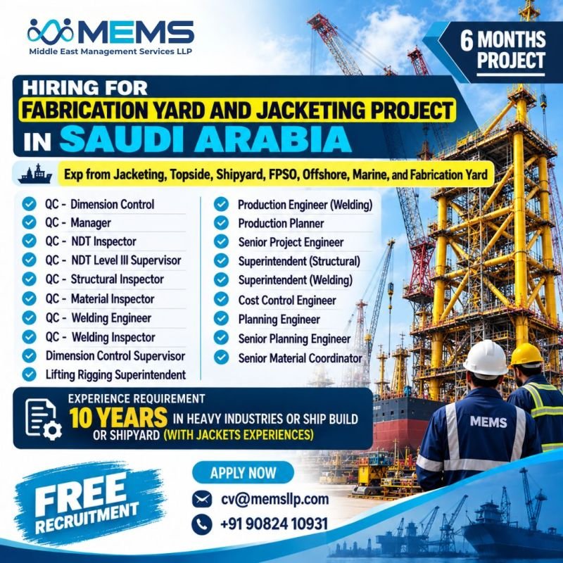 Saudi Arabia : Hiring for a Fabrication Yard & Jacketing Project 