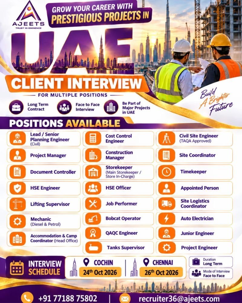 Career Opportunities in the UAE - Hiring For Prestigious Project