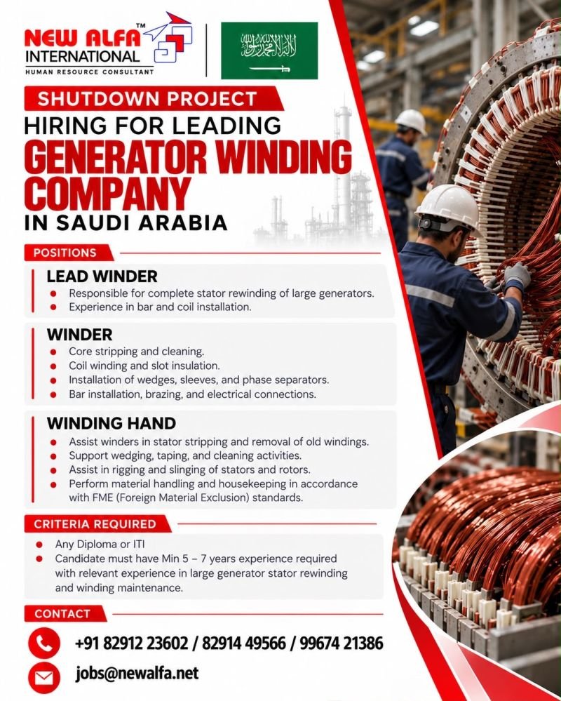 hiring for a leading Generator Winding Company in Saudi Arabia