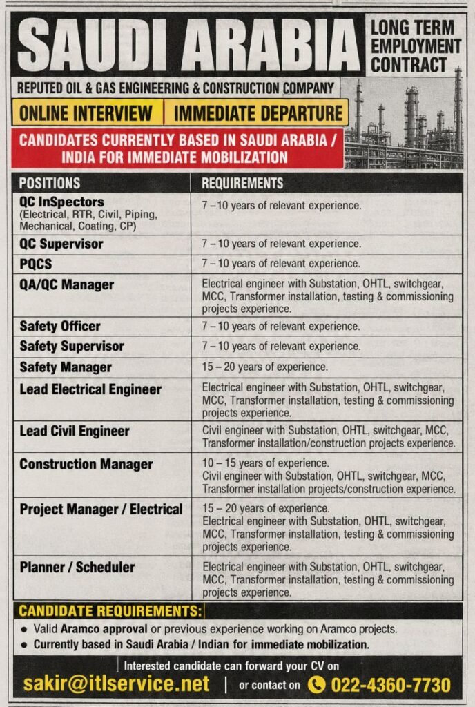Saudi Arabia : Hiring For A reputed Oil & Gas Engineering Construction Company 