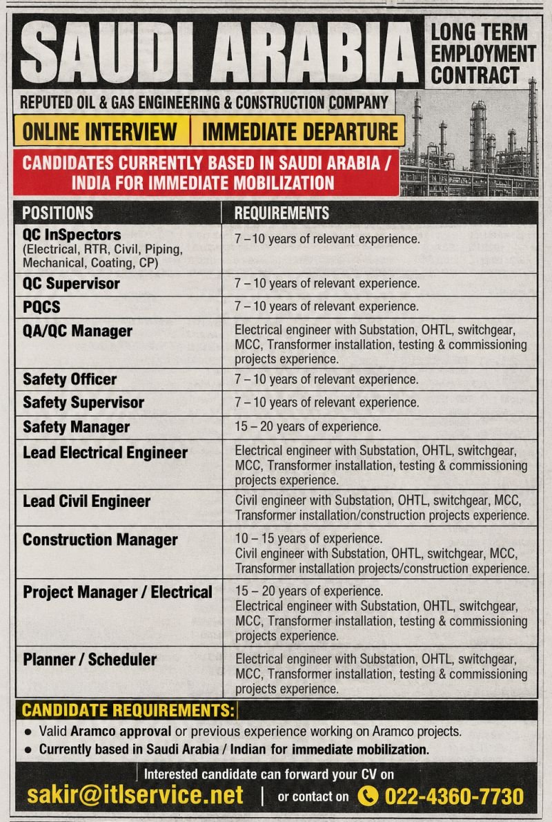 Saudi Arabia : Hiring For A reputed Oil & Gas Engineering Construction Company 