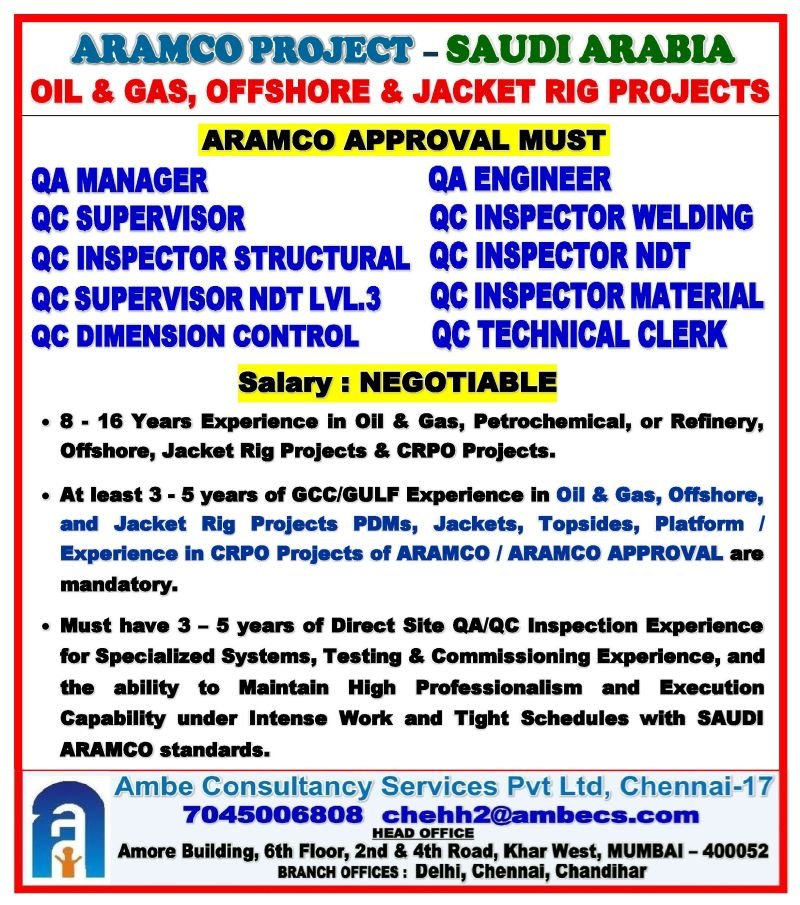 Saudi Arabia Aramco Project Jobs 2026: QA/QC Managers, Engineers and Inspectors Required