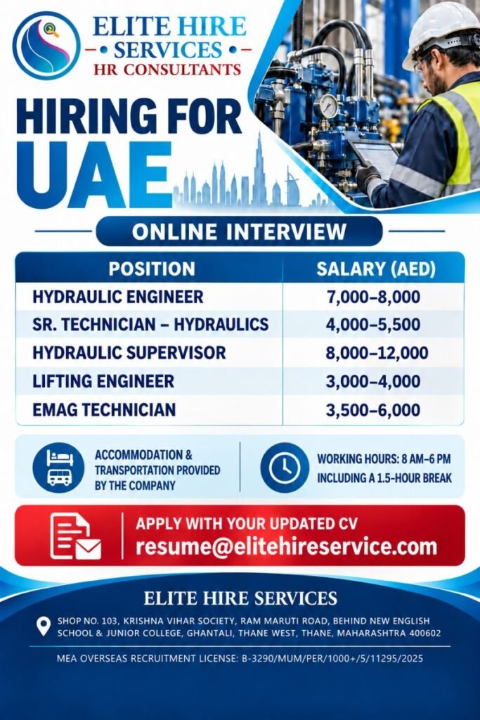 Recruitment for a leading UAE-based Industrial Rigging, Lifting and Engineering Company