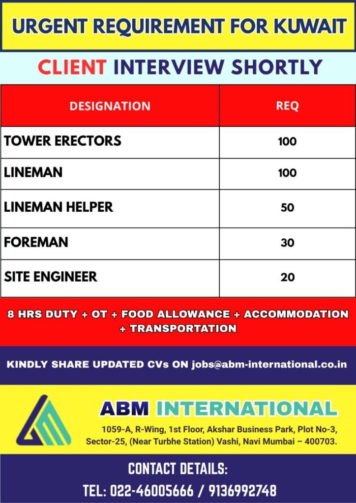 Jobs in Kuwait : Recruitment For Reputed Company 