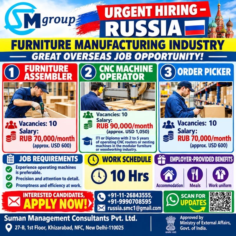 Russia Jobs 2026: Furniture Assembler, CNC Machine Operator and Order Picker Vacancies