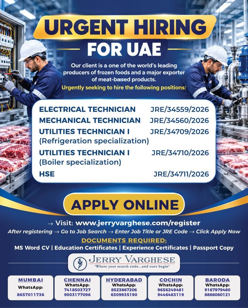 UAE : Urgent Hiring For world's leading producer of frozen foods and a major exporter of meat-based products
