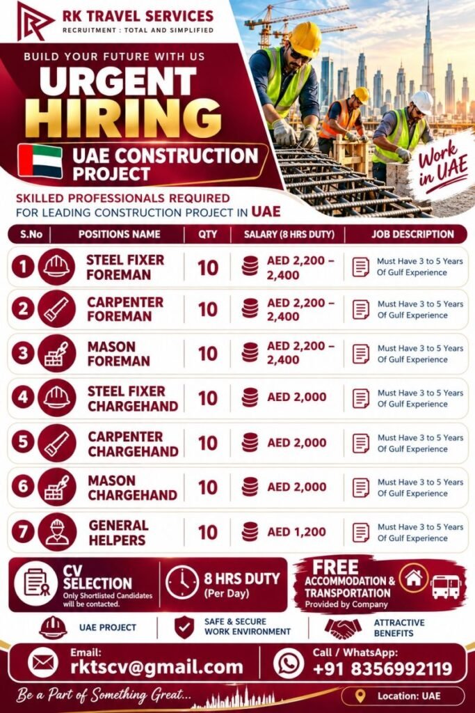 Hiring for a leading construction project in the United Arab Emirates (UAE).