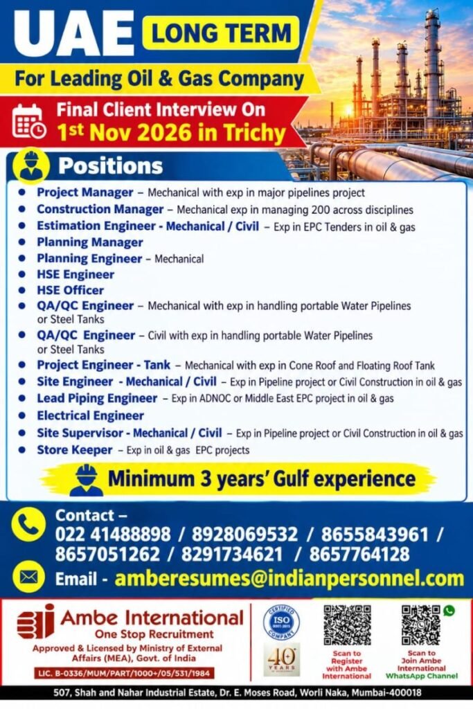 UAE Oil & Gas Jobs 2026: Long-Term Vacancies for Engineers, Managers and Supervisors