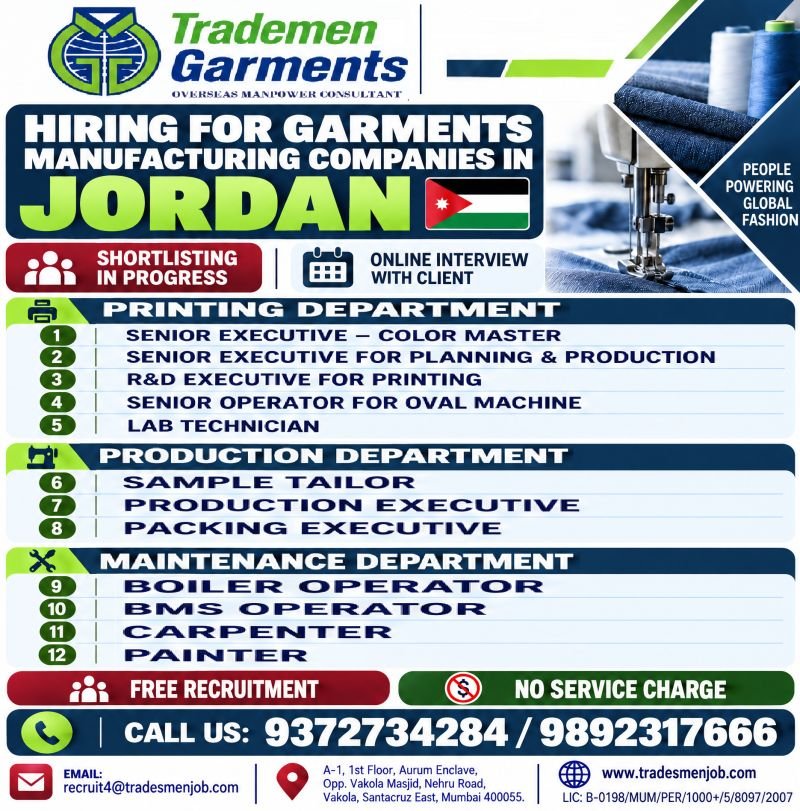 Jordan Jobs 2026: Garments Manufacturing Companies Hiring for 12 Positions
