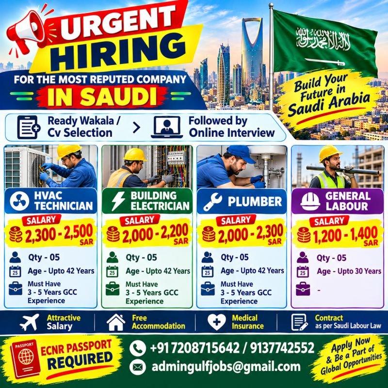 Saudi Arabia Jobs 2026: HVAC Technicians, Electricians, Plumbers and General Labour Required