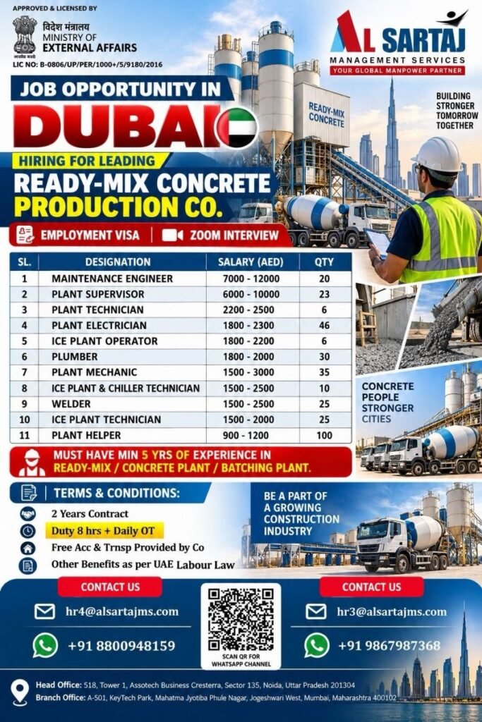 UAE : hiring for a leading Ready-Mix Concrete Production Company in Dubai