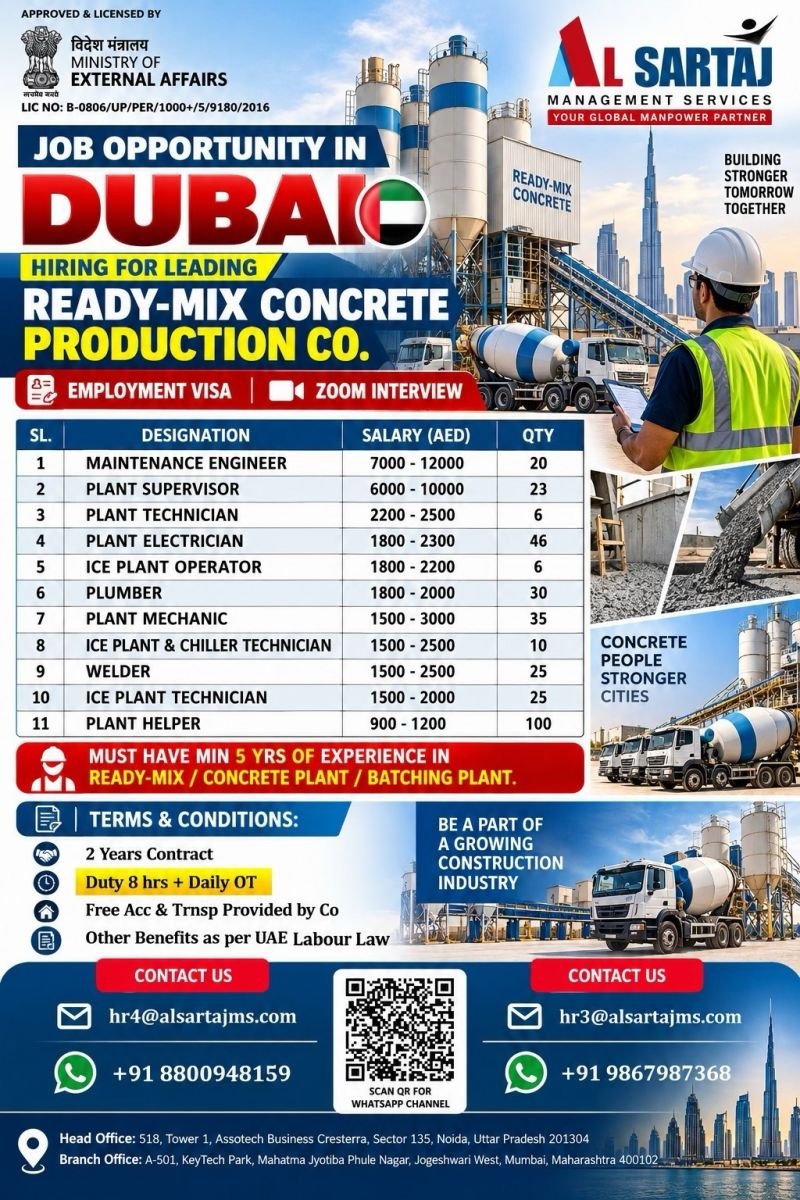 UAE : hiring for a leading Ready-Mix Concrete Production Company in Dubai