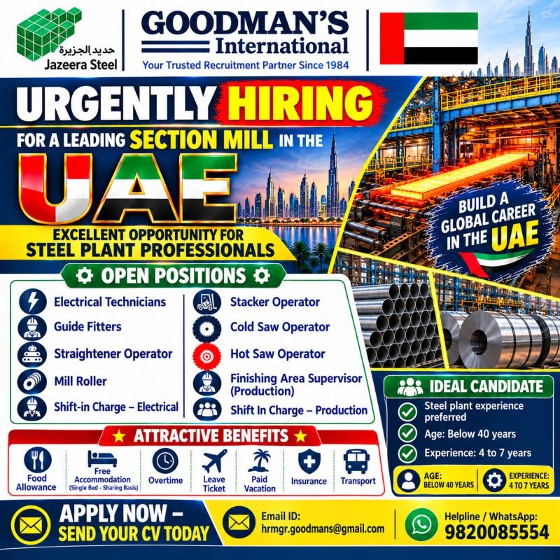 hiring for a leading steel plant in the United Arab Emirates. hiring for a leading steel plant in the United Arab Emirates.