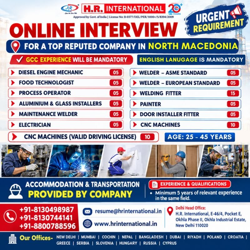 Hiring For reputed company in North Macedonia - Online Interview
