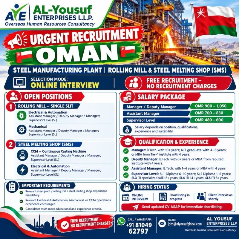 Oman : Hiring For Rolling Mill & Steel Melting Shop (SMS) Oman : Hiring For Rolling Mill & Steel Melting Shop (SMS)