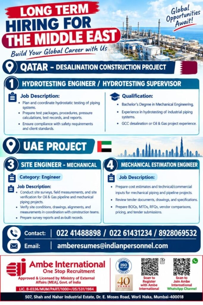 Qatar and UAE Jobs 2026: Hydrotesting Engineer, Mechanical Site Engineer and Estimation Engineer Vacancies