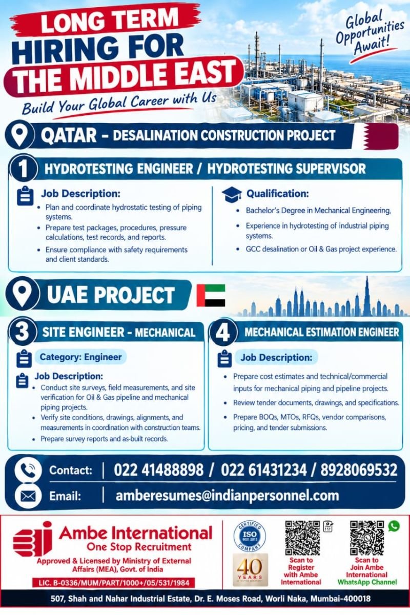 Qatar and UAE Jobs 2026: Hydrotesting Engineer, Mechanical Site Engineer and Estimation Engineer Vacancies