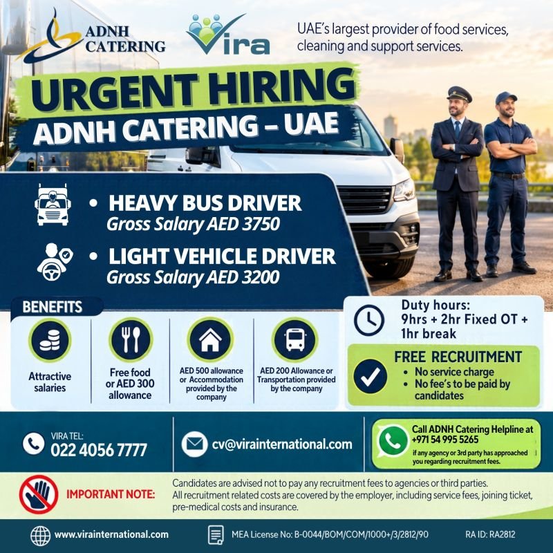 hiring for ADNH Catering, the UAE’s largest provider of food services, cleaning, and support services.