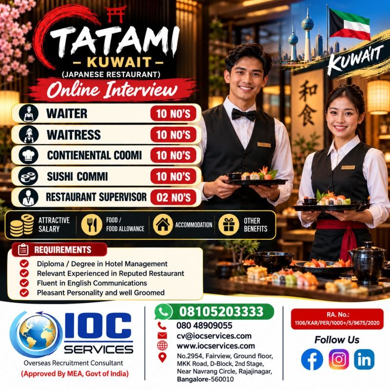 Hiring For TATAMI, a Japanese restaurant in Kuwait Hiring For TATAMI, a Japanese restaurant in Kuwait