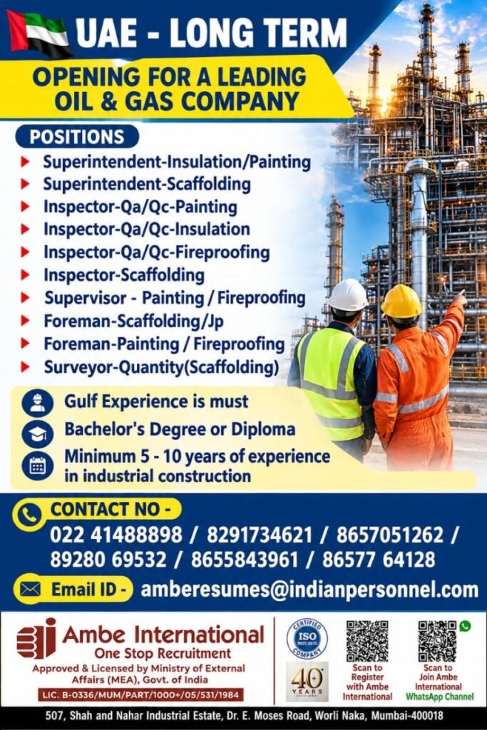UAE Jobs 2026: Oil and Gas Company Hiring Superintendents, Inspectors and Supervisors